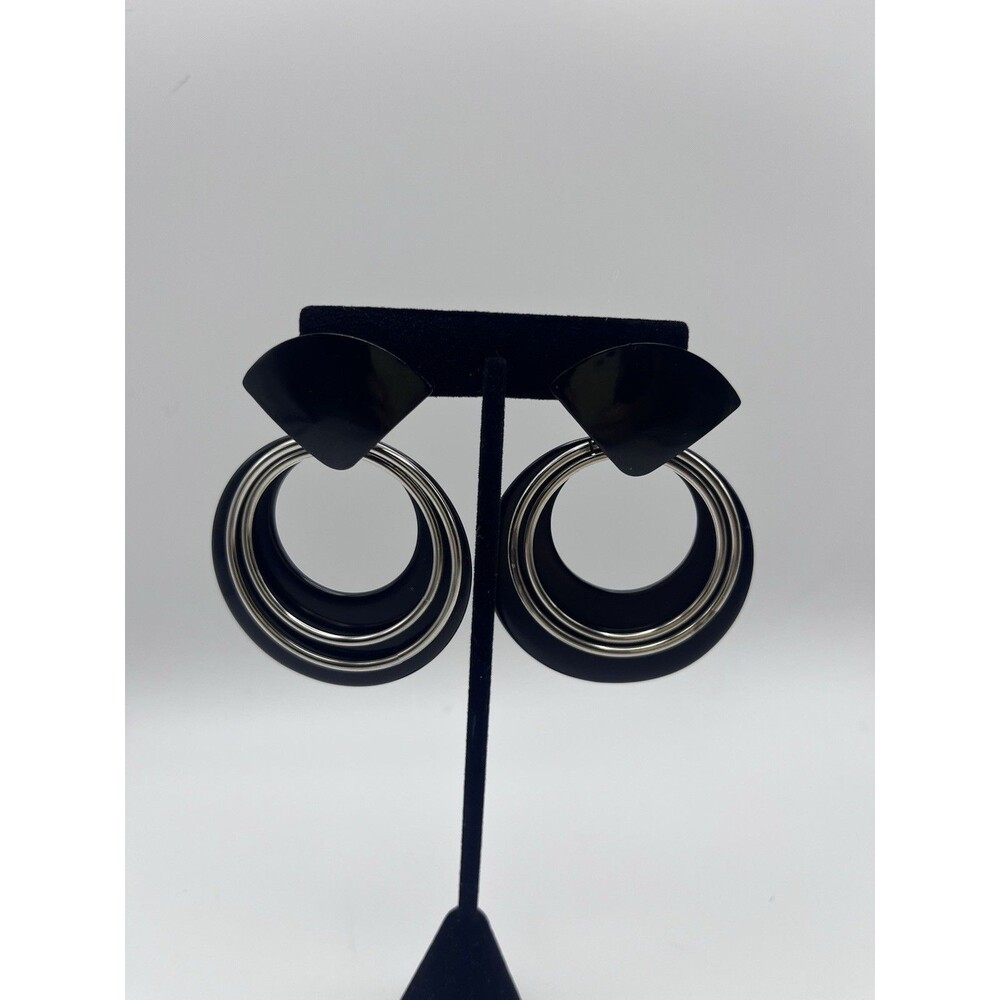 Costume Jewelry Black Silver Hoop Ring Stud Earrings Jewelry 1980s Vintage Retro